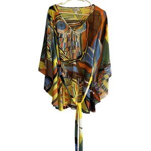 Neon By Macys Sheer Vibrant Owl Print Kimono Blouse Tie-Front V-Neck Womens S